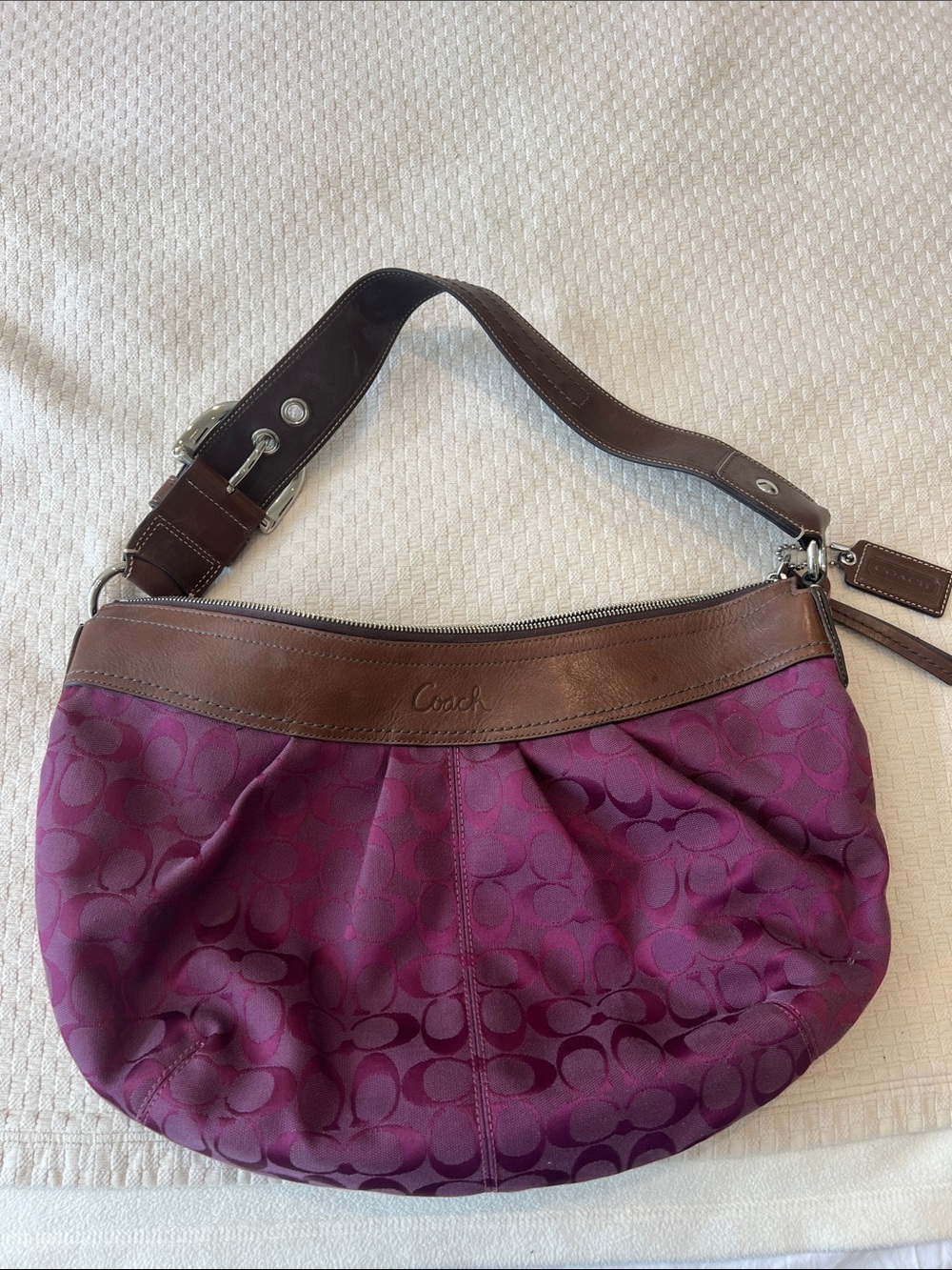 Coach Purple Signature Shoulder Bag with Brown Leather Trim